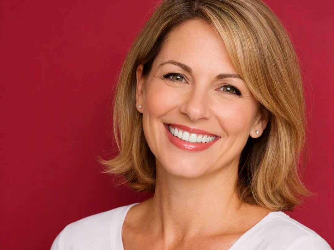 Smiling woman with implant‑retained overdentures on a solid burgundy background Smiling woman with implant‑retained overdentures on a solid burgundy background.