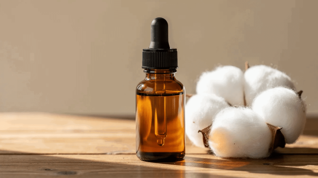 A close-up image of a small brown glass bottle of essential oil is placed next to a piece of cotton wool on a wooden surface. This setup suggests potential home remedies for toothache relief, highlighting the use of natural ingredients to alleviate painful tooth symptoms.
