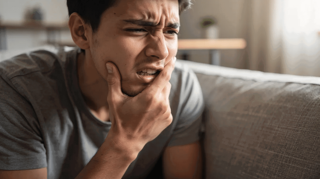 A person is sitting on a sofa, holding their jaw and cheek in discomfort, indicating they are experiencing severe tooth pain. This scene reflects the struggle of dealing with a painful tooth, possibly due to tooth decay or an affected tooth, and the need for pain relief or professional dental care.